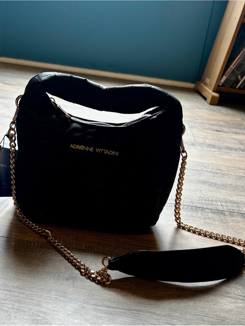 NWT Adrienne Vittadini Black Woven Shoulder Bag Gold Chain Crossbody Purse